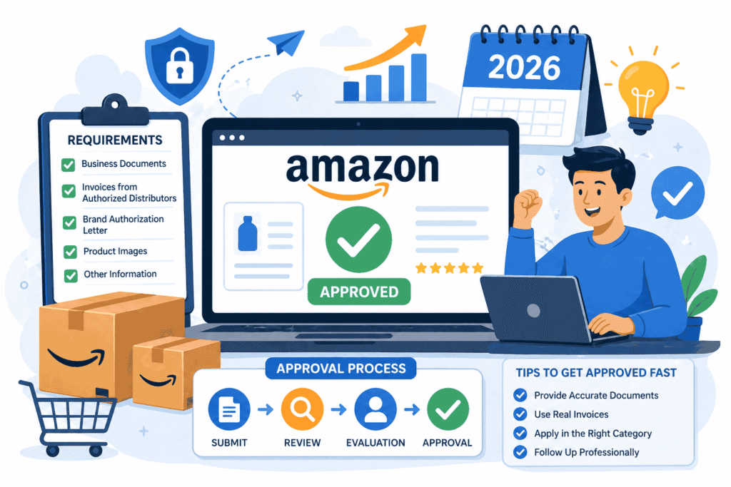 Vector illustration of Amazon ungating approval process with checklist, documents, and approval dashboard.