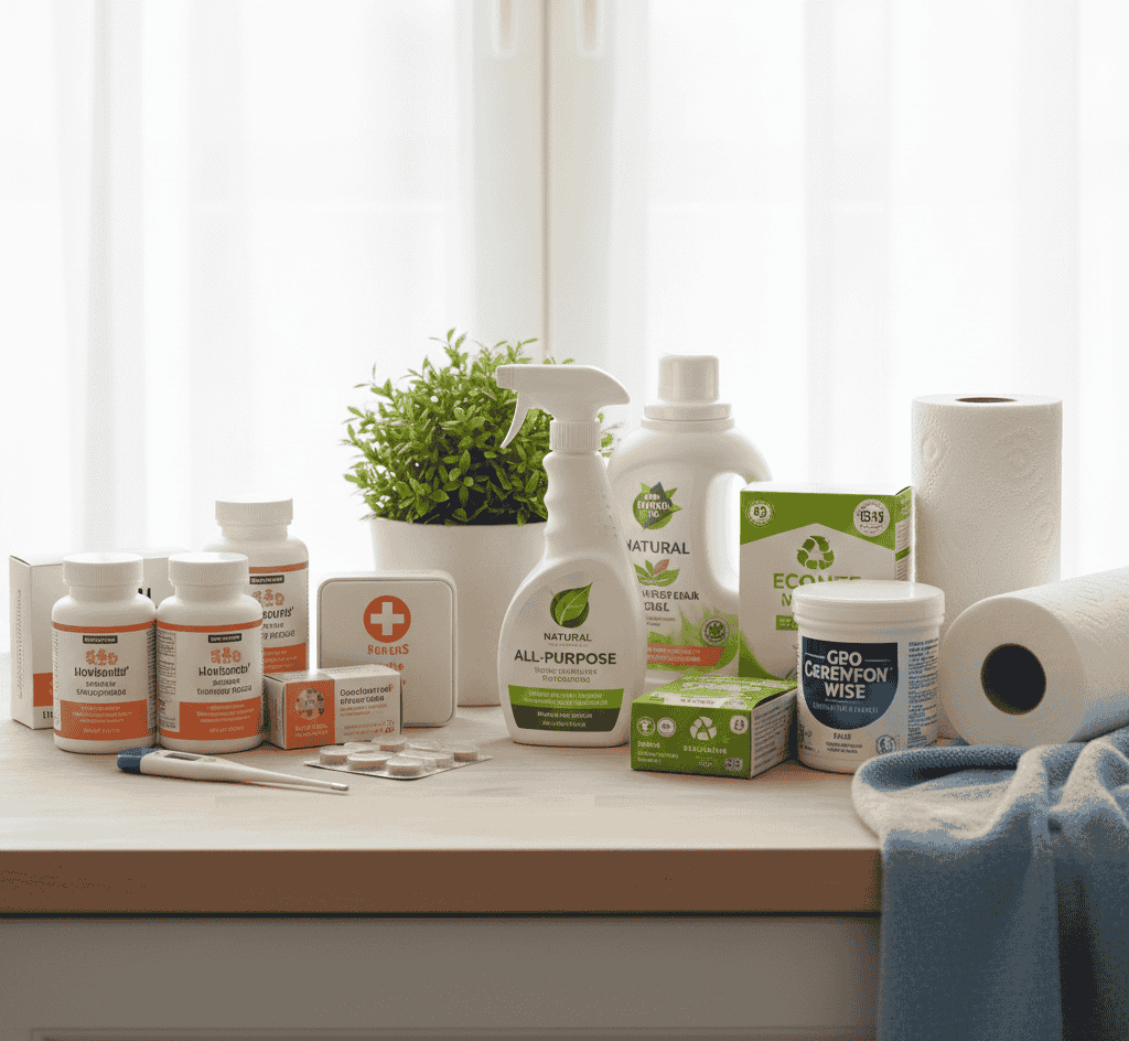 Health and household products including cleaning supplies, supplements, and daily essentials