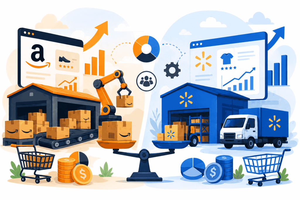 Flat vector illustration comparing Amazon FBA and Walmart WFS with warehouses, delivery systems, analytics dashboards, and ecommerce growth elements.