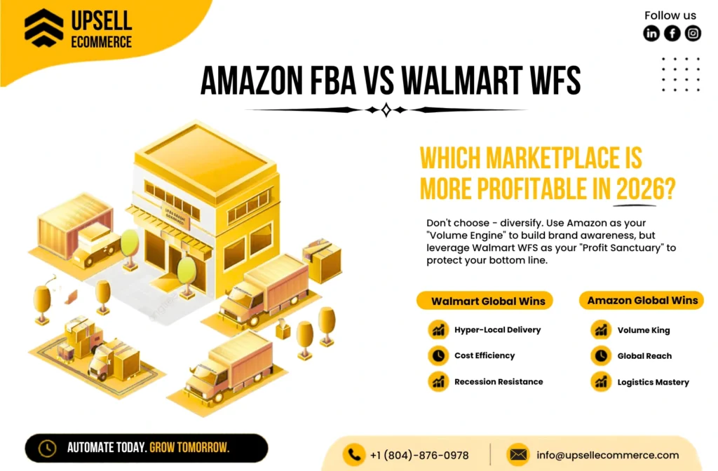 Flat vector illustration comparing Amazon FBA and Walmart WFS with warehouses, delivery systems, analytics dashboards, and ecommerce growth elements.