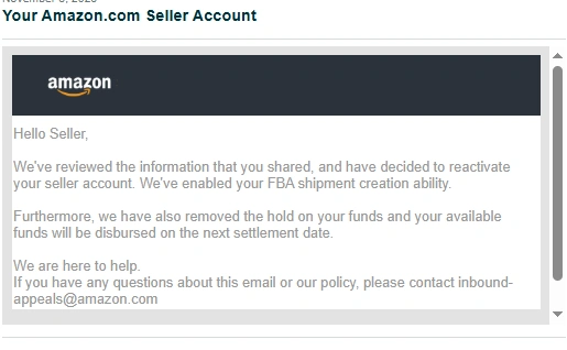Amazon Seller Account Reactivated