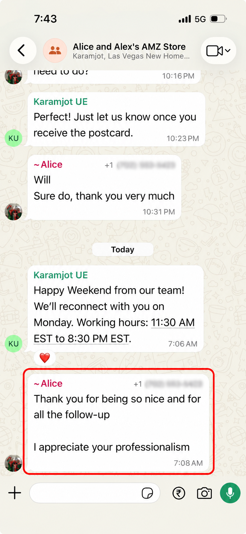 Alice WhatsApp customer review for UpSell Wholesale