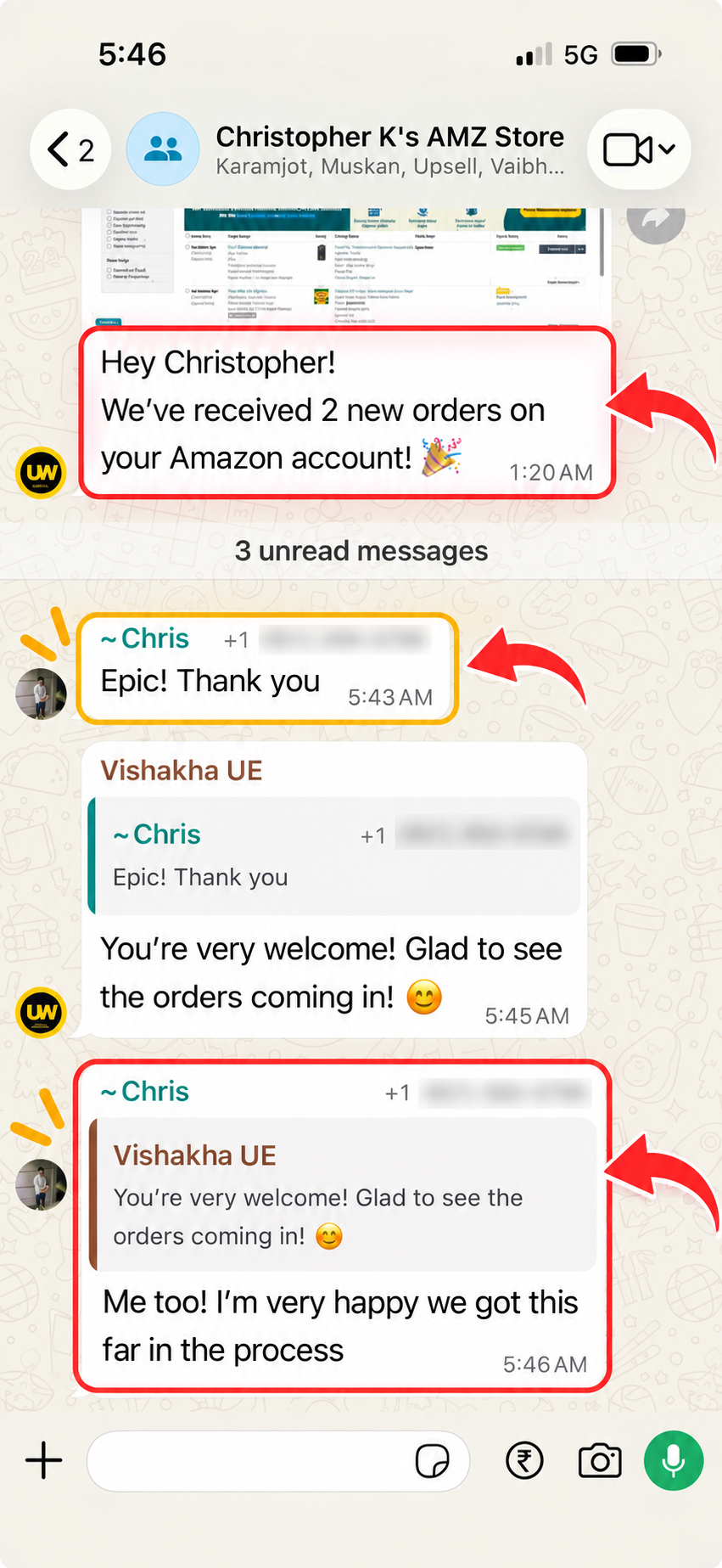 Chris WhatsApp customer review for UpSell Wholesale