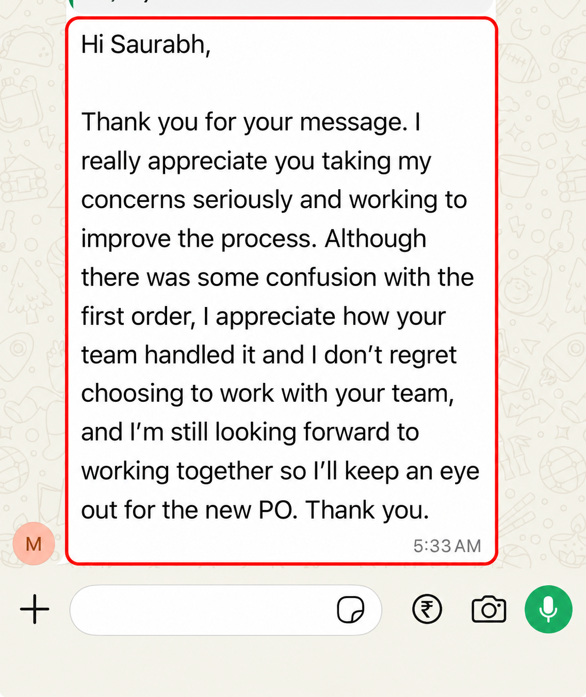 Mike WhatsApp customer review for UpSell Wholesale